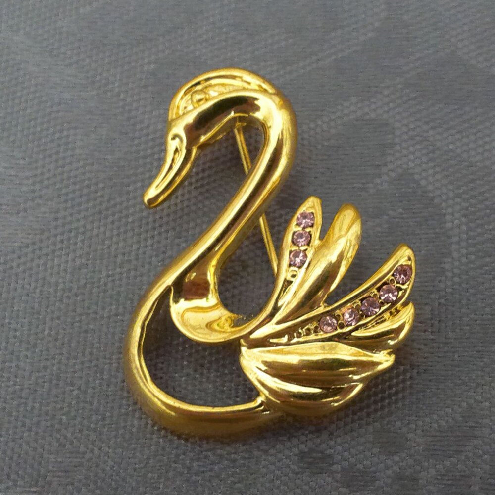 Golden Swan Brooch Pin with pink rhinestone, fashion jewelry,